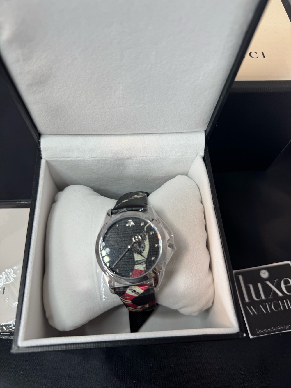 Gucci Black Dial Watch with Red and Cream Patterned Strap